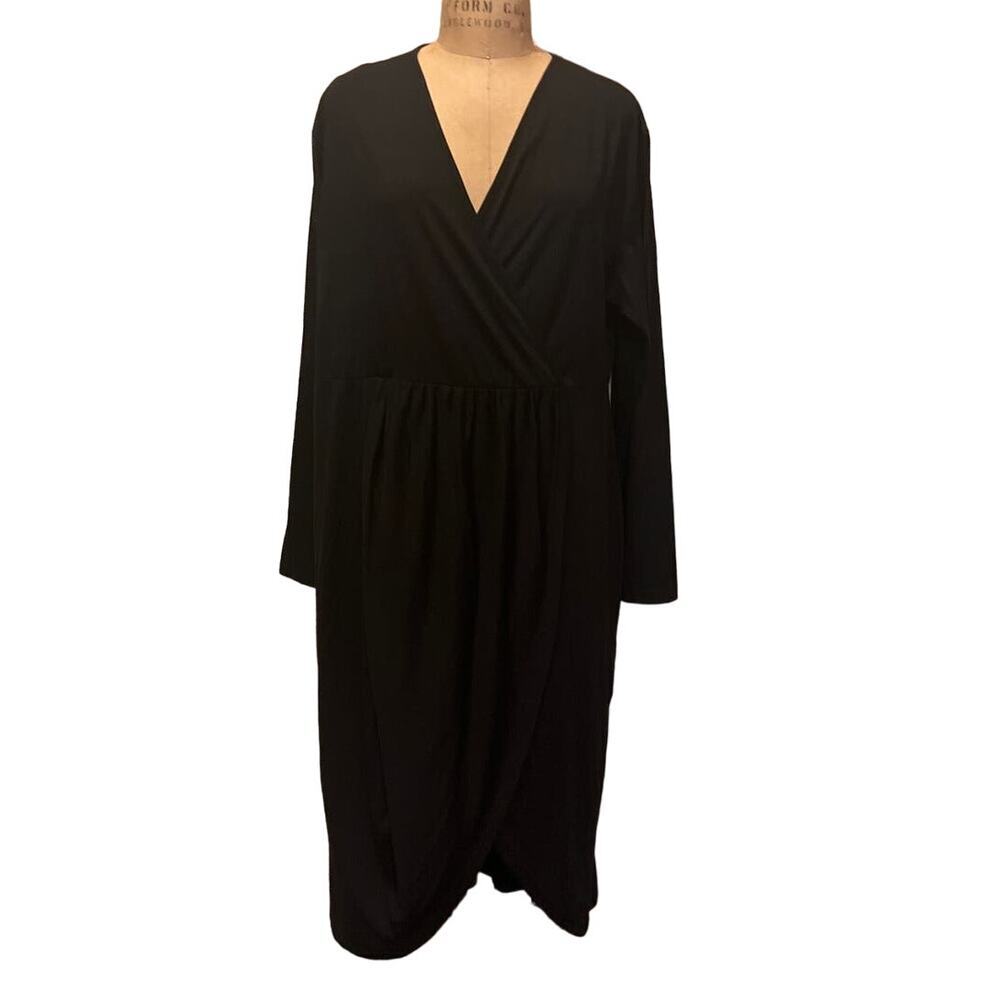 Long Sleeve V-Neck Faux Wrap Asymetrical Hem Maxi Dress Black NWT Size 24